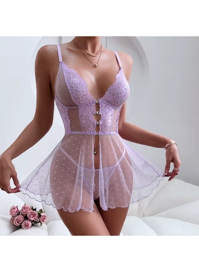 قميص نوم نسائي دانتيل وتل منقط – بيبي دول ناعم – ملابس نوم أنيقة - Image 5